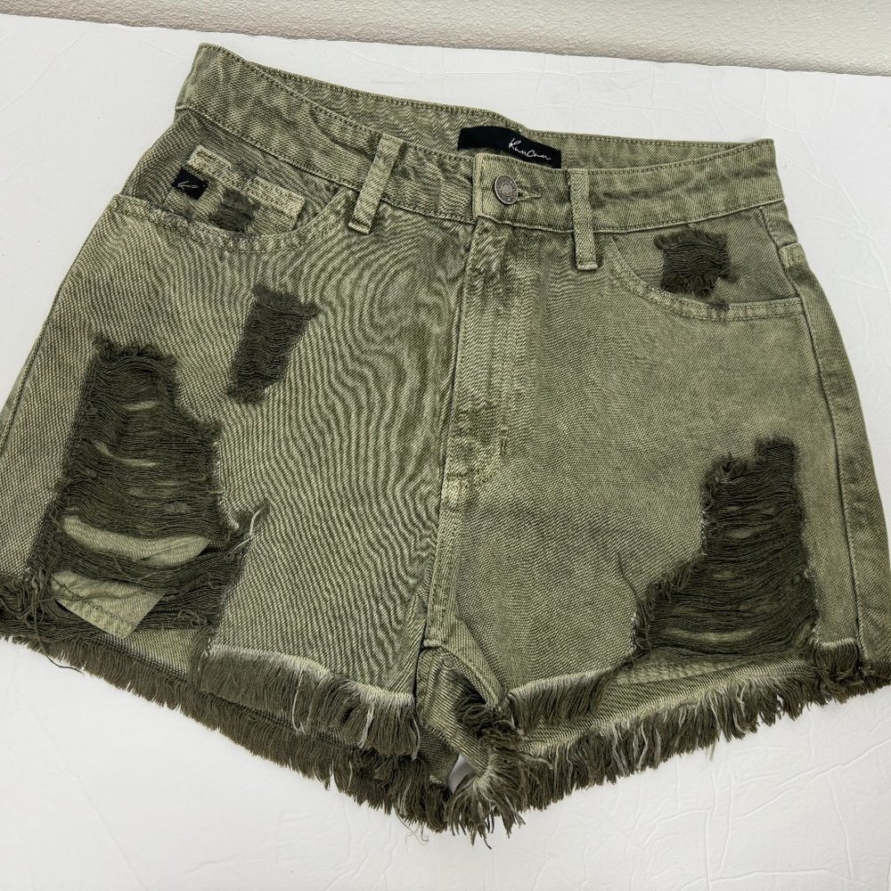 KanCan  High Rise  Distressed  Fringe Green Denim Shorts
